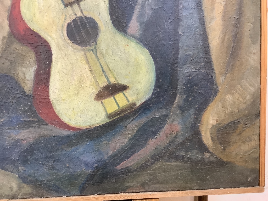 Continental School, oil on canvas, Still life with guitar and lantern, 86 x 86cm